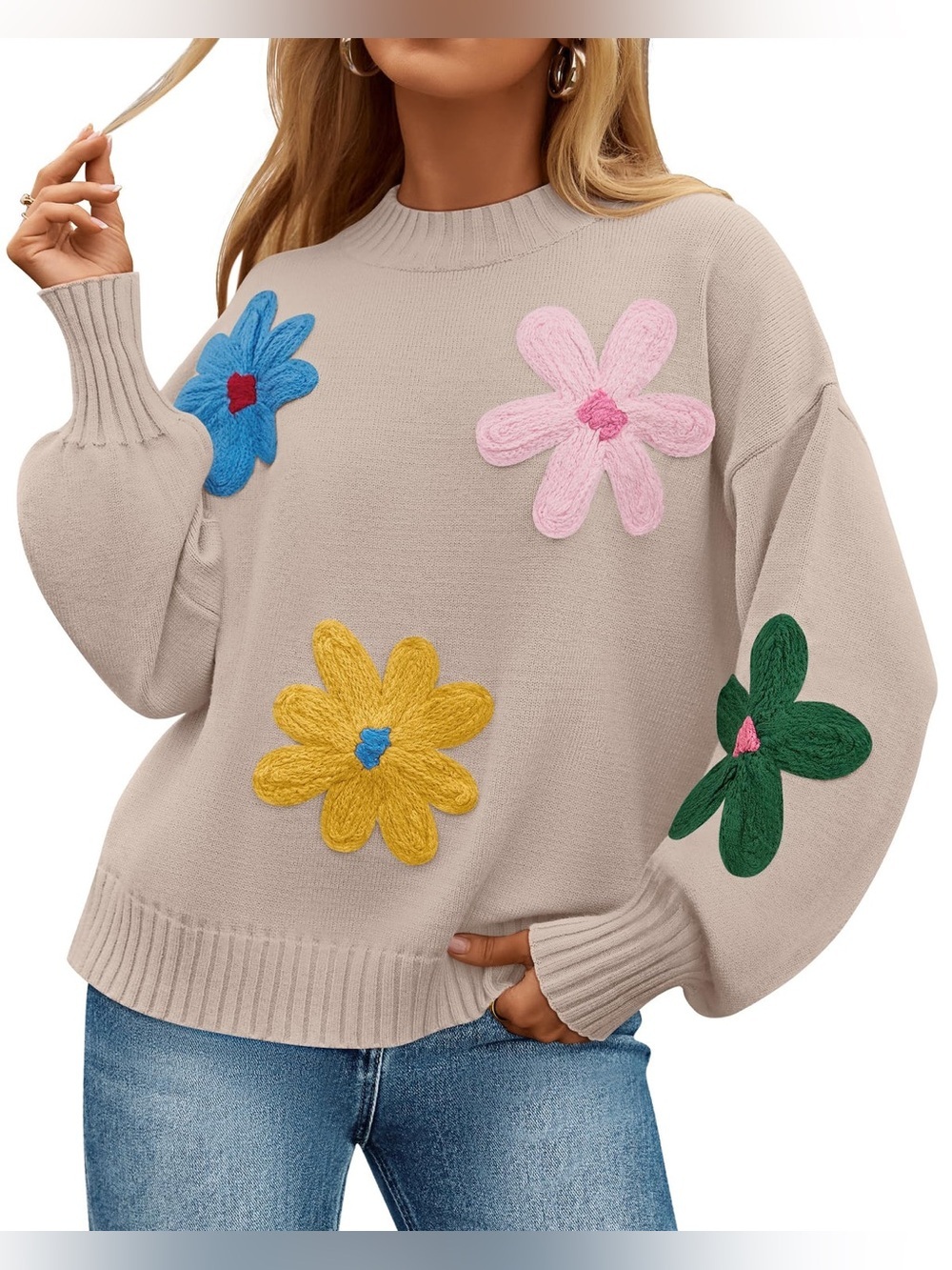 Aaeda CREWNECK RIBBED KNIT FLOWER COLOR BLOCK LOOSE PULLOVER TOP SIZE: Large